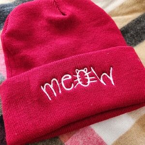 Red Beanie with 'Meow' Embroidery